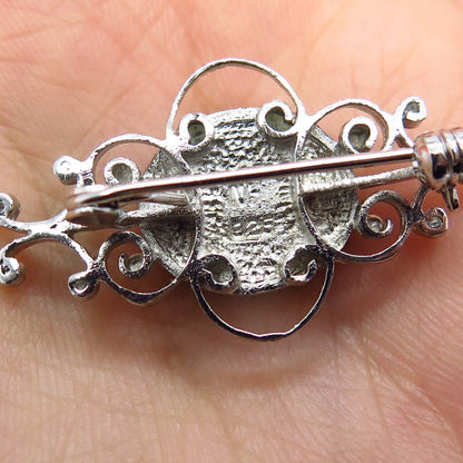 925 Sterling Silver Vintage Enamel Ornate Pin Brooch