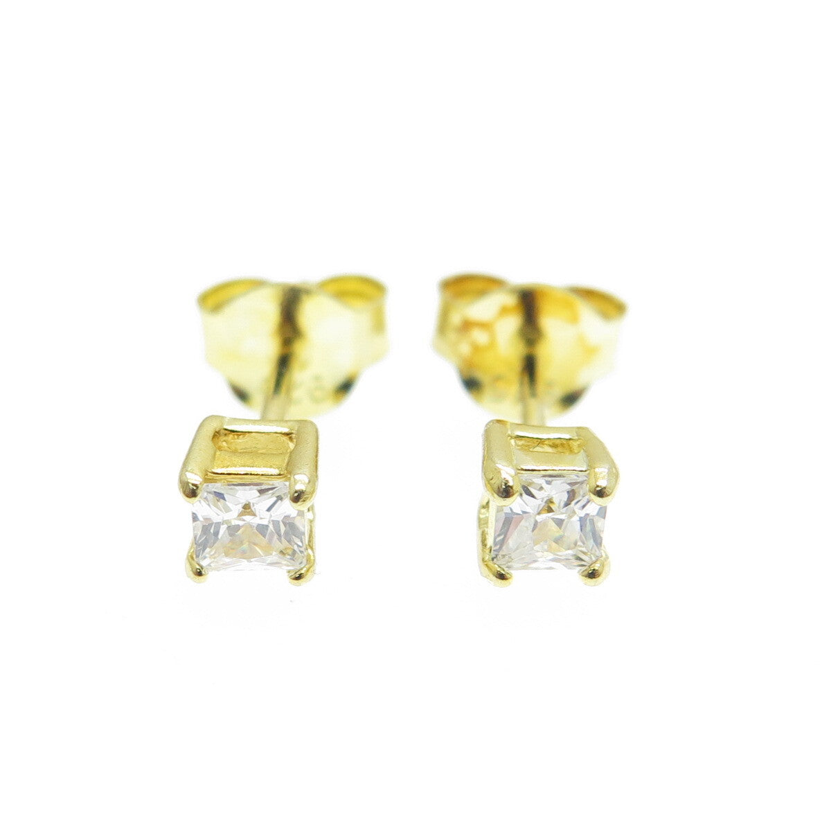 925 Sterling Silver Gold Plated Princess-Cut Shaped C Z Stud Earrings