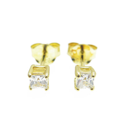 925 Sterling Silver Gold Plated Princess-Cut Shaped C Z Stud Earrings