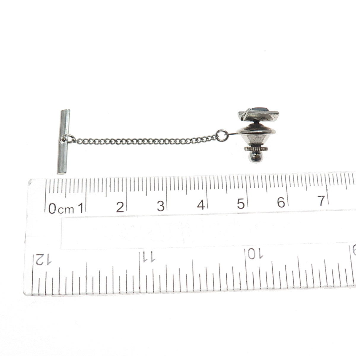 CROWN 925 Sterling Silver Vintage Real Hematite Safety Chain Tie Tack Lapel Pin