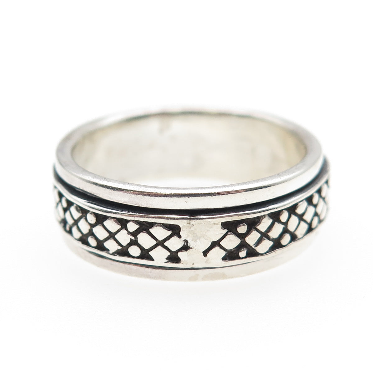 925 Sterling Silver Vintage Granulated Oxidized Rotating Band Ring Size 12.75