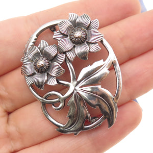 925 Sterling Silver Antique Art Deco Flower Oxidized Pin Brooch