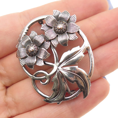 925 Sterling Silver Antique Art Deco Flower Oxidized Pin Brooch