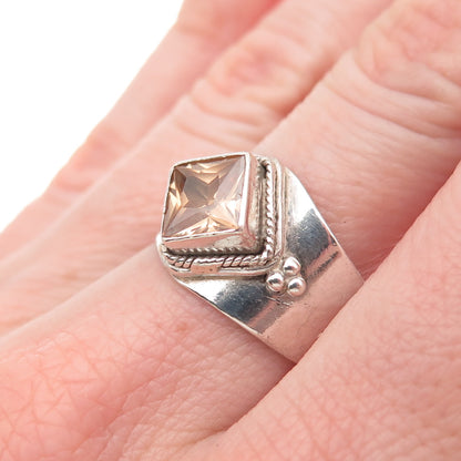 925 Sterling Silver Vintage Princess-Cut Smoky C Z Oxidized Ring Size 8.25