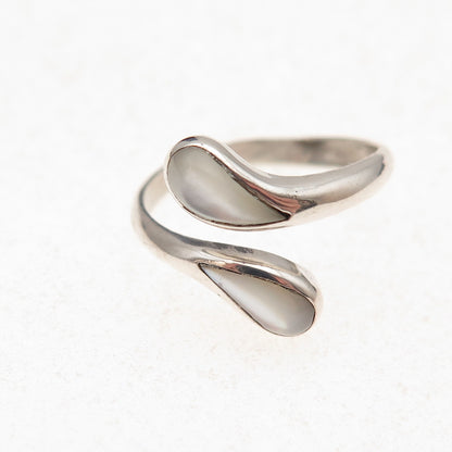 925 Sterling Silver Vintage Real MOP Oxidized Adjustable Bypass Ring Size 5