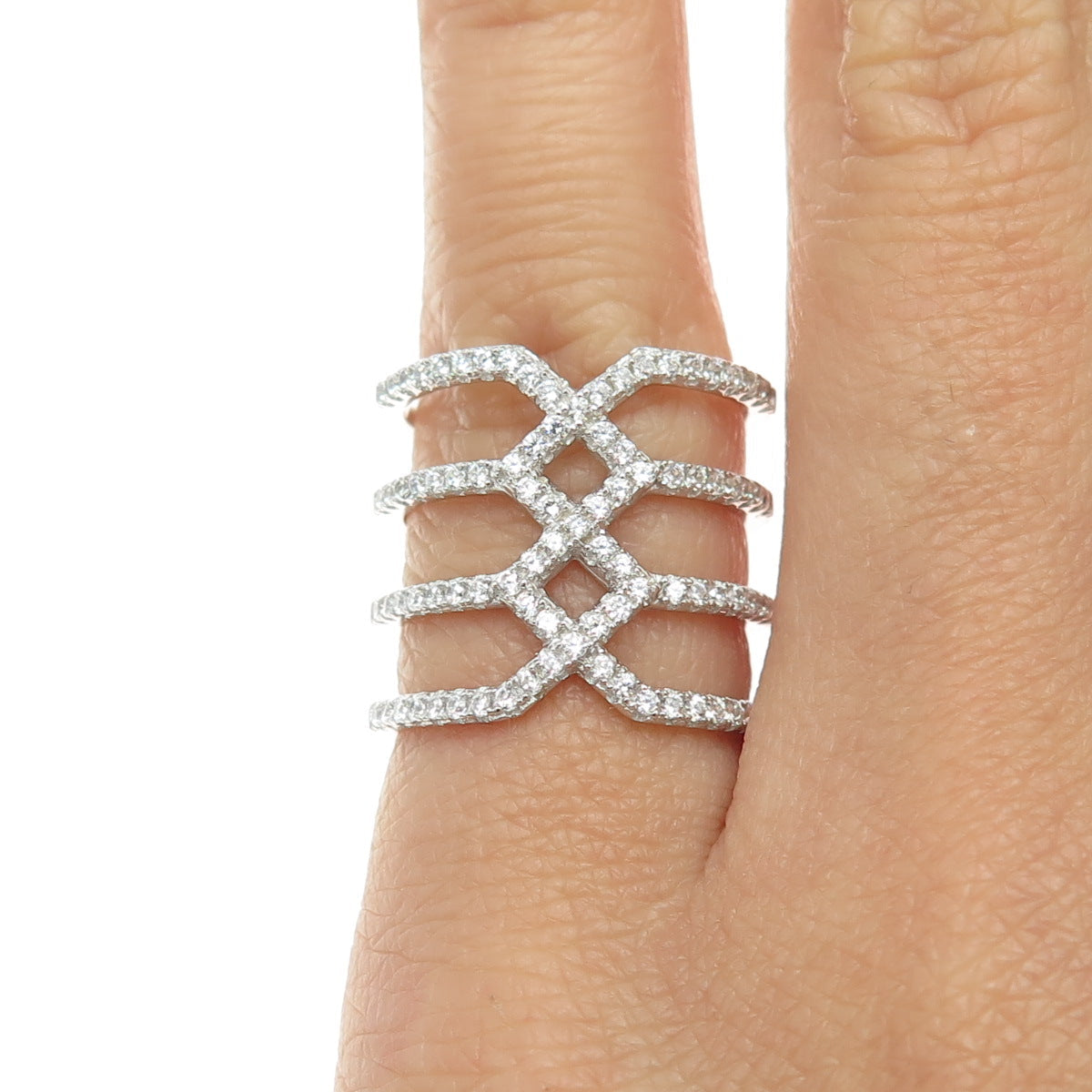 925 Sterling Silver Round-Cut White C Z Multi-Row Ring Size 5