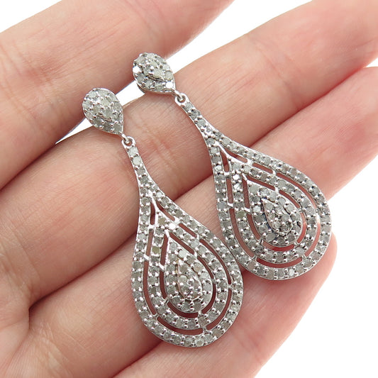 925 Sterling Silver Real Round-Cut Diamond Teardrop Dangling Earrings