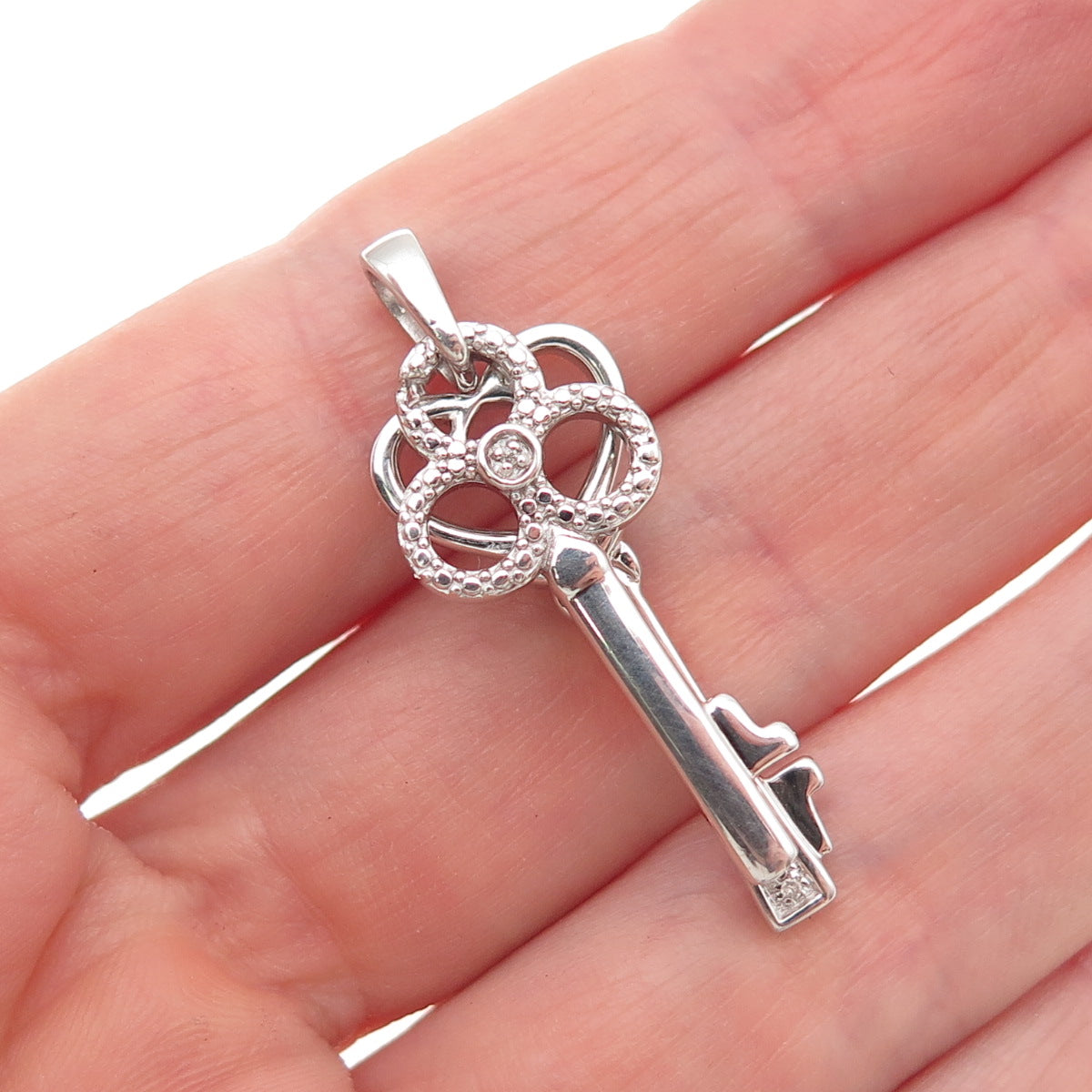 925 Sterling Silver Real Round-Cut Diamond Heart & Club Key Charm Pendant