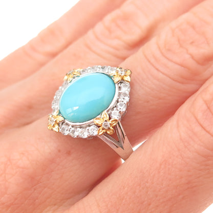 925 Sterling Silver 2-Tone Real Sleeping Beauty Turquoise & Topaz Ring Size 8