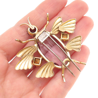 925 Sterling Silver Gold Plated Antique Art Deco Real Amethyst Scarab Fur Clip