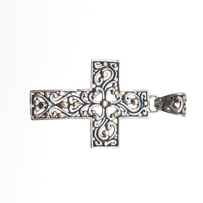 925 Sterling Silver 18K Gold Vintage Floral Cross Oxidized Charm Pendant