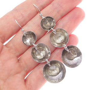 925 Sterling Silver Vintage Real Clear Quartz Modernist Oxidized Dangle Earrings