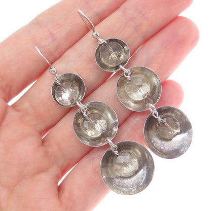 925 Sterling Silver Vintage Real Clear Quartz Modernist Oxidized Dangle Earrings