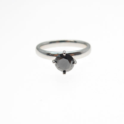 925 Sterling Silver Real Round-Cut Approx. 0.8ct Black Diamond Ring Size 6