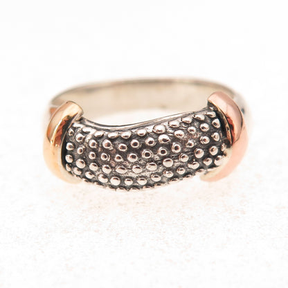 925 Sterling Silver 14K Gold Vintage Dotted Modernist Oxidized Wavy Ring Size 6