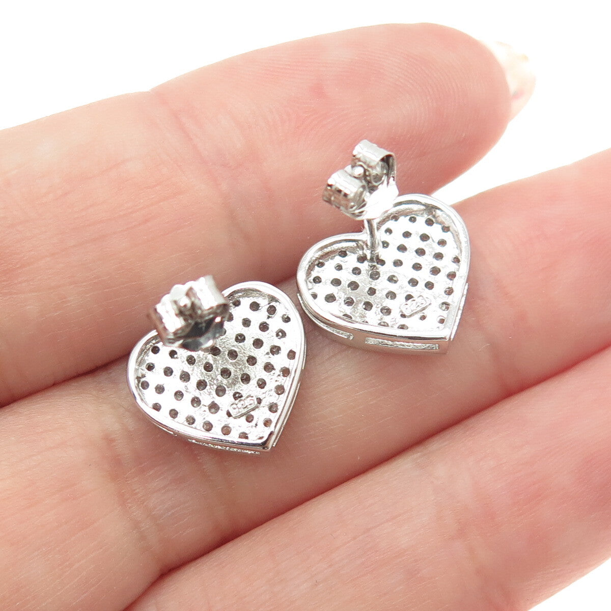 925 Sterling Silver Round-Cut C Z Heart Stud Earrings