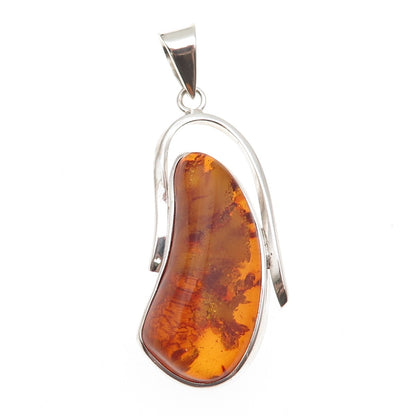 925 Sterling Silver Vintage Real Amber Modernist Charm Pendant