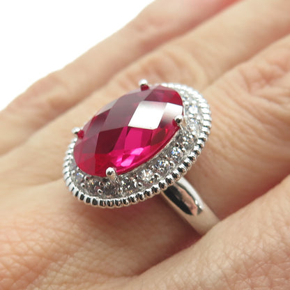 925 Sterling Silver Lab-Created Ruby & C Z Ring Size 7
