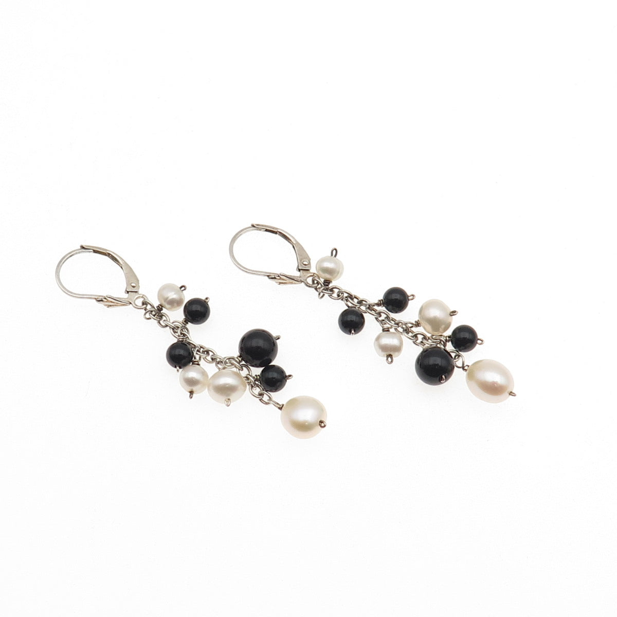 925 Sterling Silver Vintage Real Pearl & Black Onyx Ball Beads Dangle Earrings