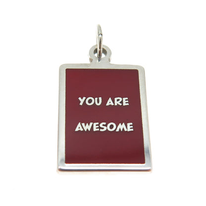 925 Sterling Silver Red Enamel "You Are Awesome" Minimalist Charm Pendant