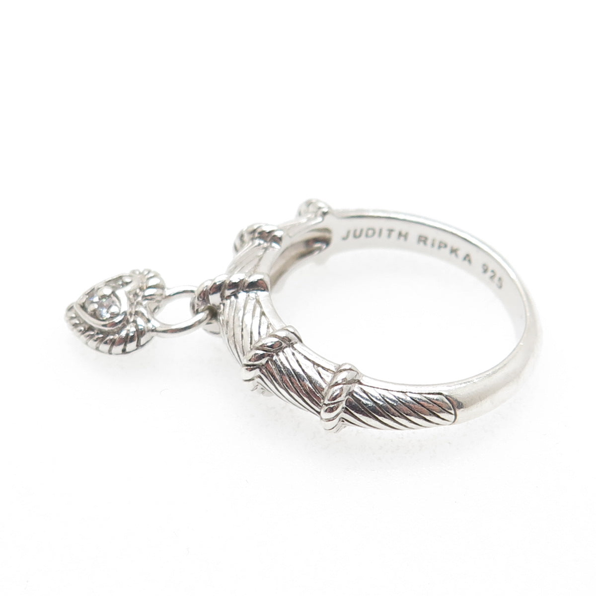 JUDITH RIPKA 925 Sterling Silver Round-Cut C Z Heart Dangle Charm Ring Size 11