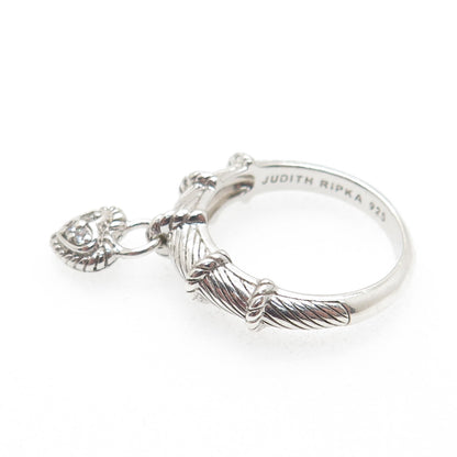 JUDITH RIPKA 925 Sterling Silver Round-Cut C Z Heart Dangle Charm Ring Size 11