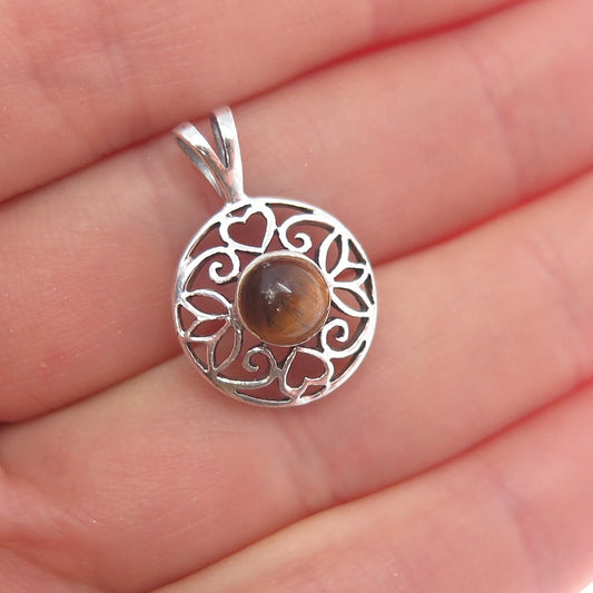 CHARLES WINSTON 925 Sterling Silver Vintage Real Tiger Eye Ornate Charm Pendant