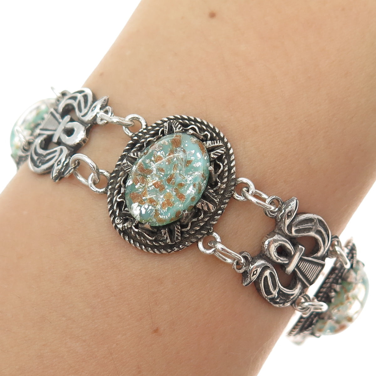 800 Silver Antique Egypt Roman Glass Ankh Link Oxidized Bracelet 6.25"