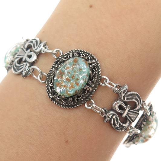 800 Silver Antique Egypt Roman Glass Ankh Link Oxidized Bracelet 6.25"