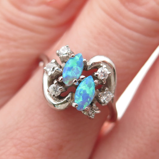 925 Sterling Silver Vintage Real Opal & C Z Cluster Ring Size 6.25