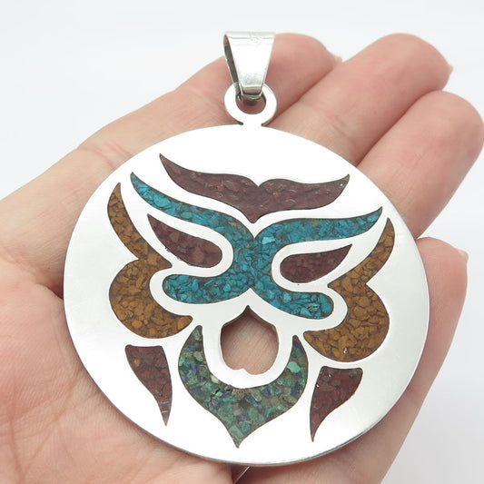 925 Sterling Silver Vintage Mexico Azurite Jasper Coral Turquoise Gem Pendant