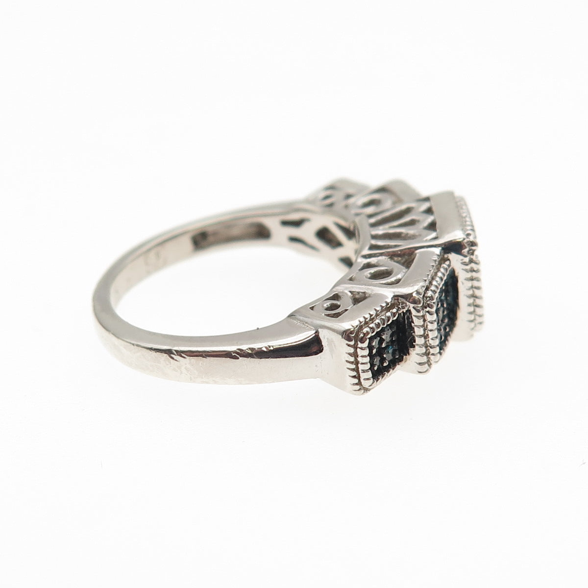 925 Sterling Silver Real Round-Cut Fancy Blue Diamond Ring Size 5.25