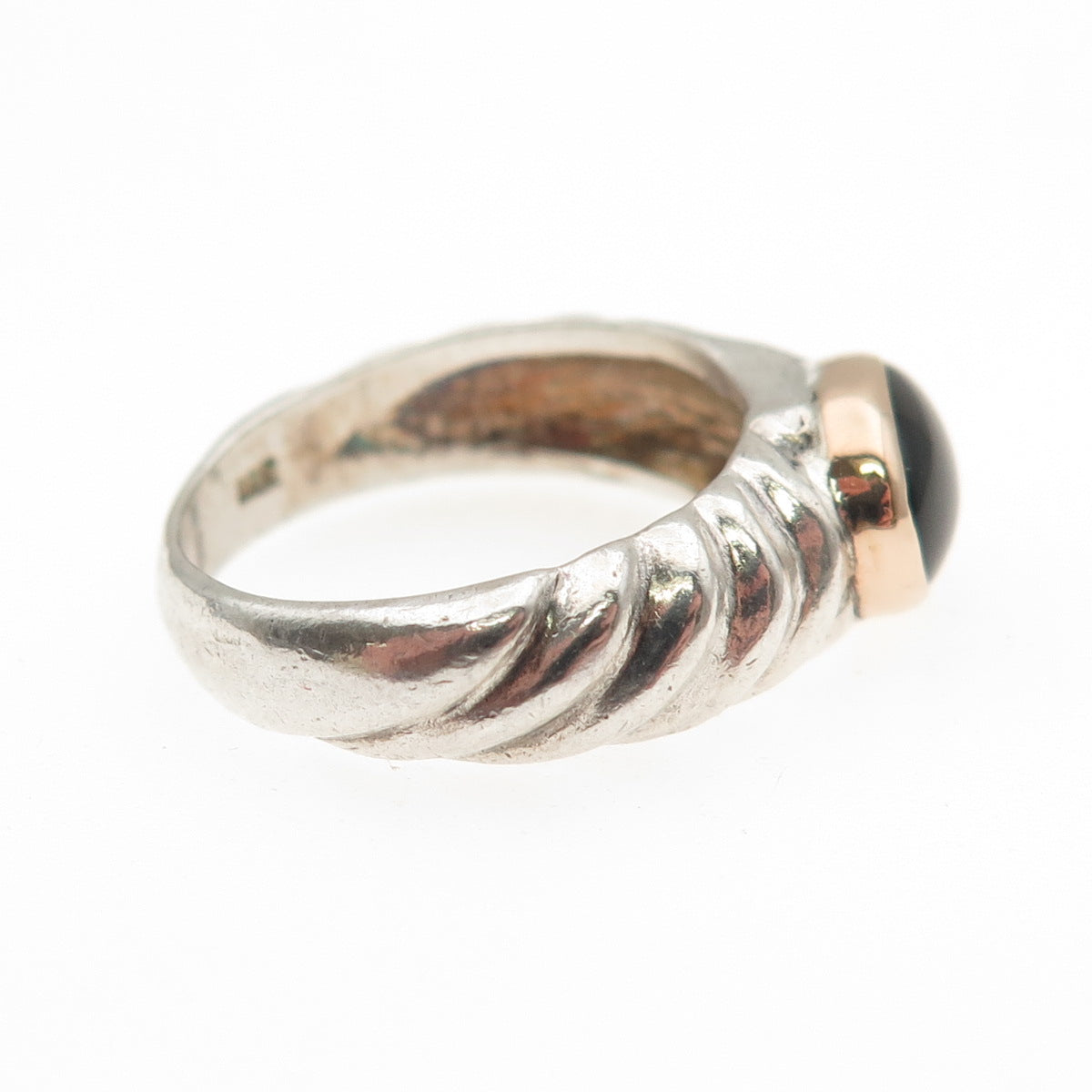 925 Sterling Silver 14K Gold Vintage Real Black Onyx Modernist Ring Size 6.25
