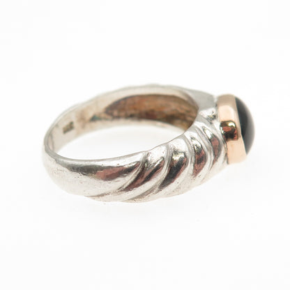 925 Sterling Silver 14K Gold Vintage Real Black Onyx Modernist Ring Size 6.25