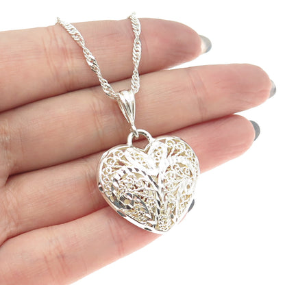 925 Sterling Silver Vintage Italy Ornate Heart Pendant Cuban Chain Necklace 26"