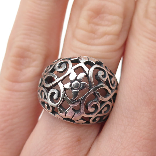 925 Sterling Silver Vintage Flower Dome Oxidized Ring Size 5.5