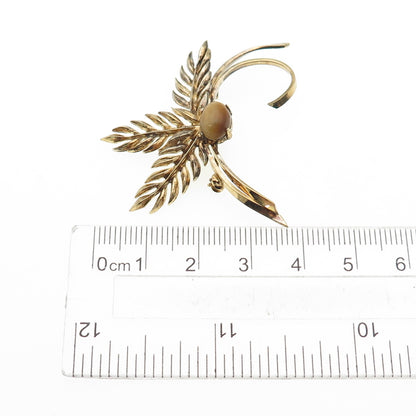 WELLS 925 Sterling Silver Gold Plated Vintage Real Tiger Eye Floral Pin Brooch