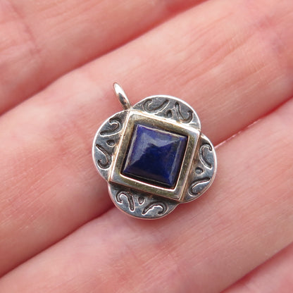 925 Sterling Silver 2-Tone Vintage Real Lapis Lazuli Floral Mini Charm Pendant