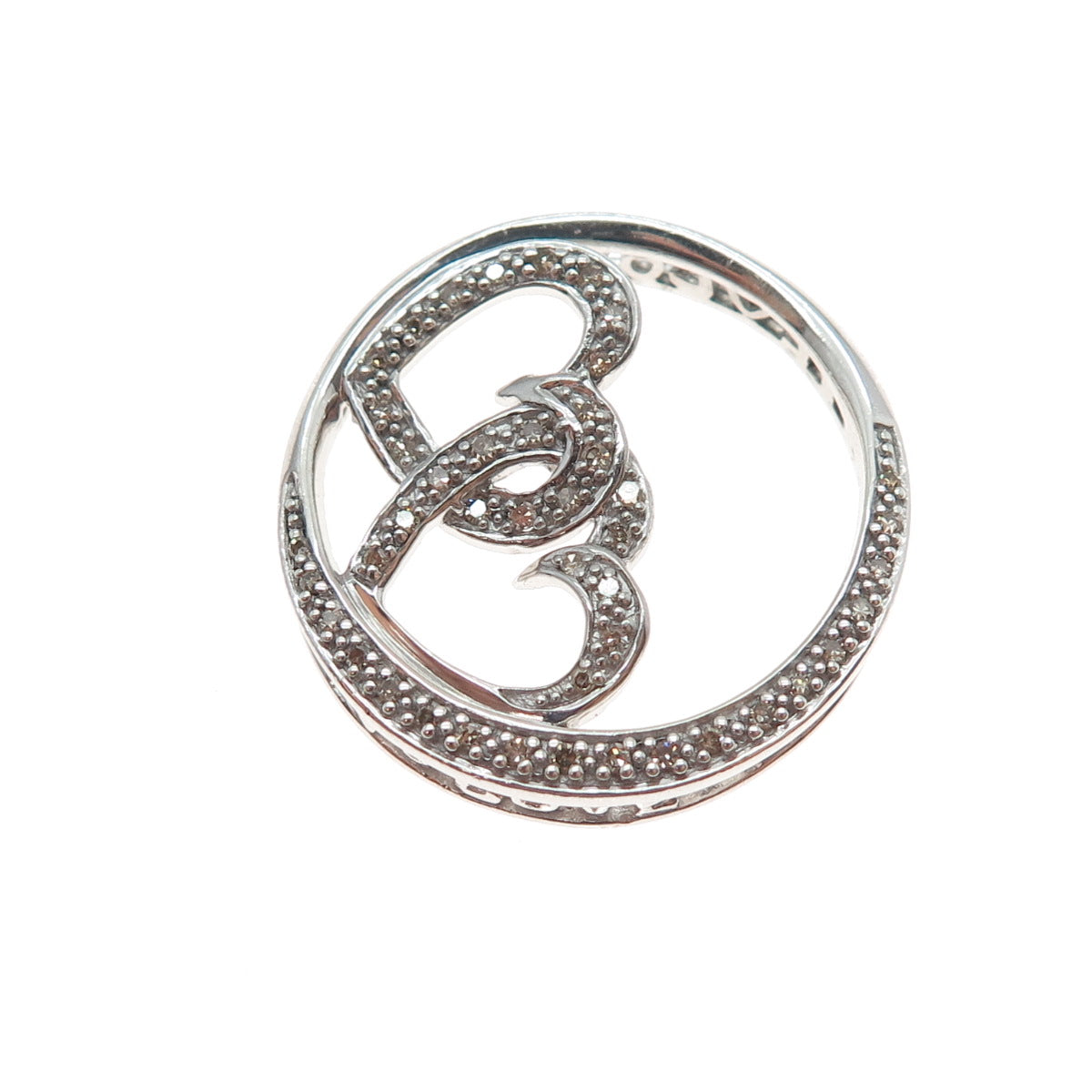 925 Sterling Silver Real Champagne Diamond Love Couple Heart Slide Pendant