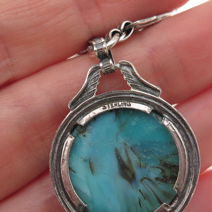 925 Sterling Silver Vintage Faux Turquoise Floral Cable Chain Necklace 16"