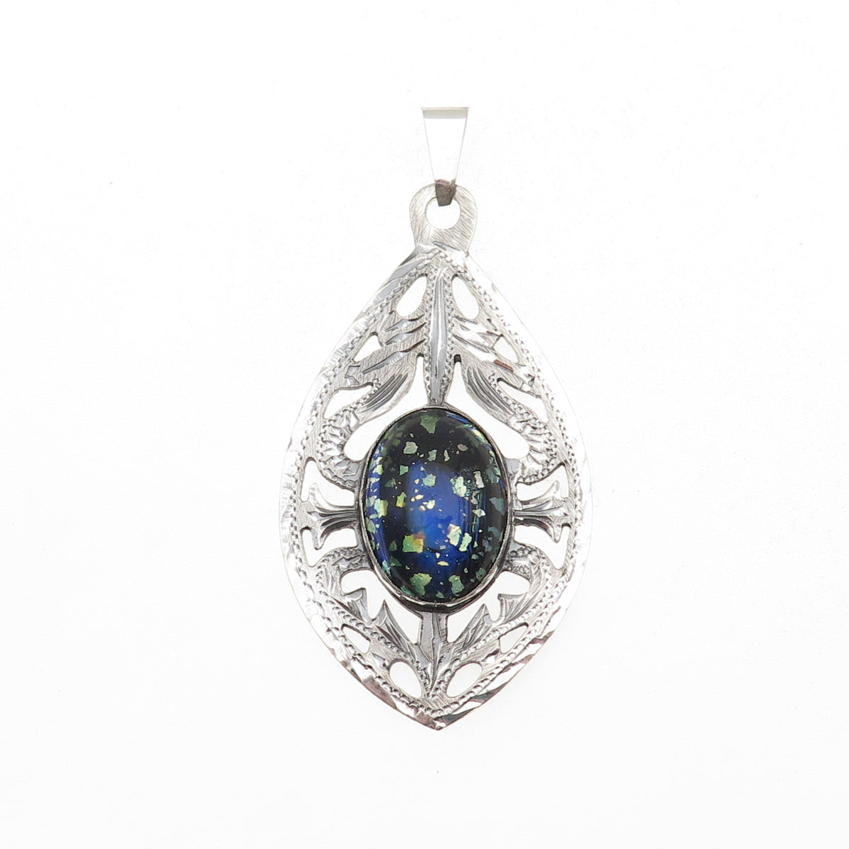 925 Sterling Silver Vintage Mexico Dichroic Glass Floral Oxidized Pendant