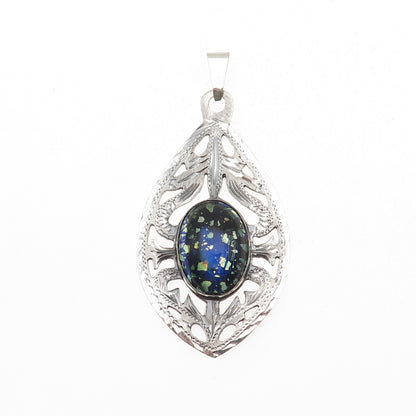 925 Sterling Silver Vintage Mexico Dichroic Glass Floral Oxidized Pendant