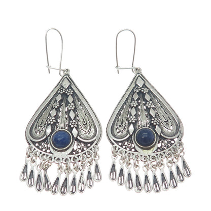 925 Sterling Silver Vintage Real Lapis Oxidized Filigree Chandelier Earrings