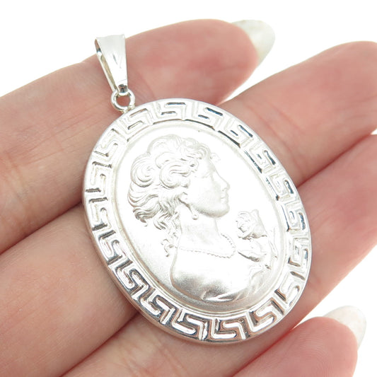 VIOR 925 Sterling Silver Vintage Italy Lady Cameo Greek Maze Oval Pendant