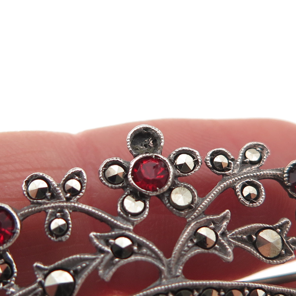 830S Silver Antique Germany Marcasite & Rhinestone Pin Brooch (missing 2 stones)