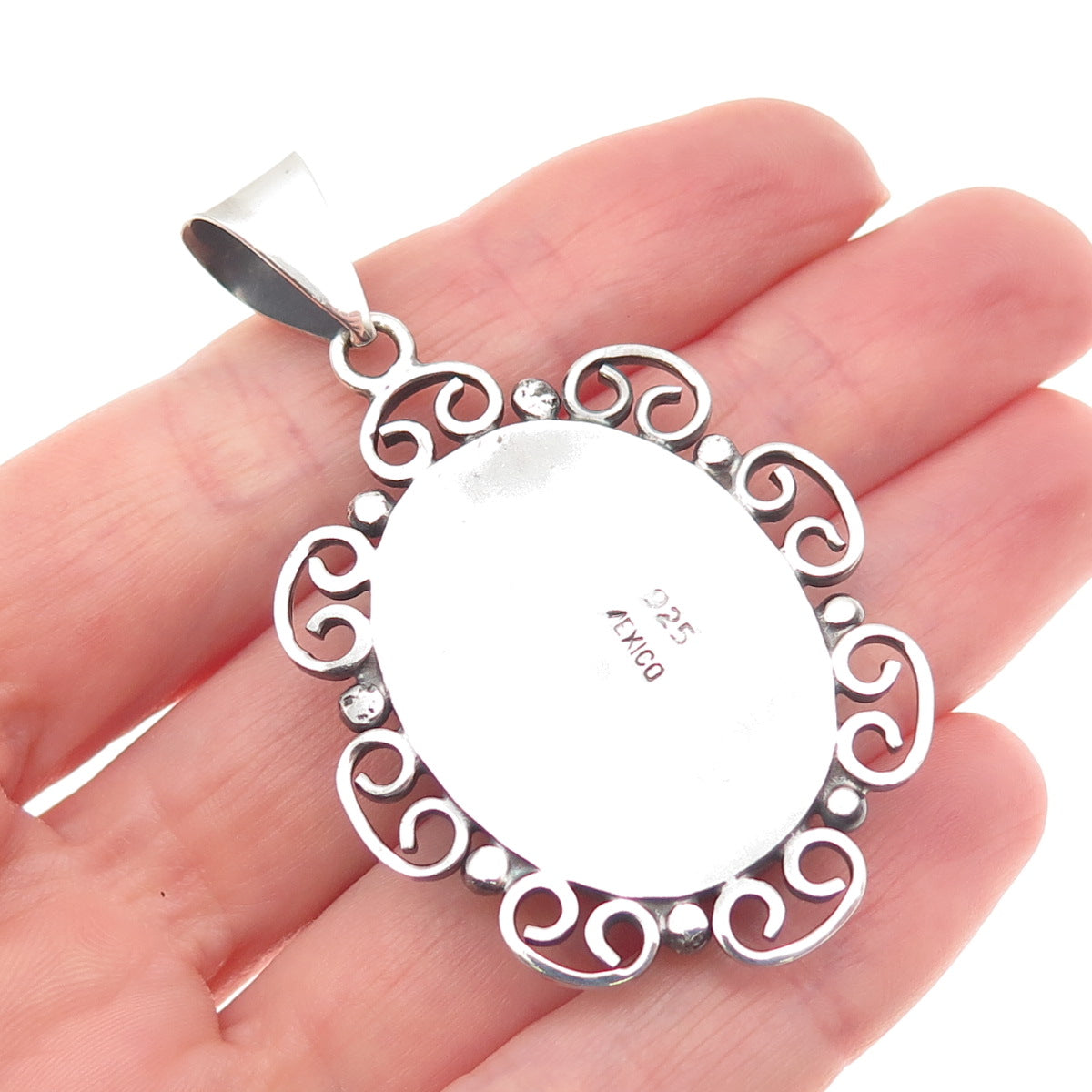 925 Sterling Silver Vintage Mexico Real Tyrone Turquoise Ornate Pendant
