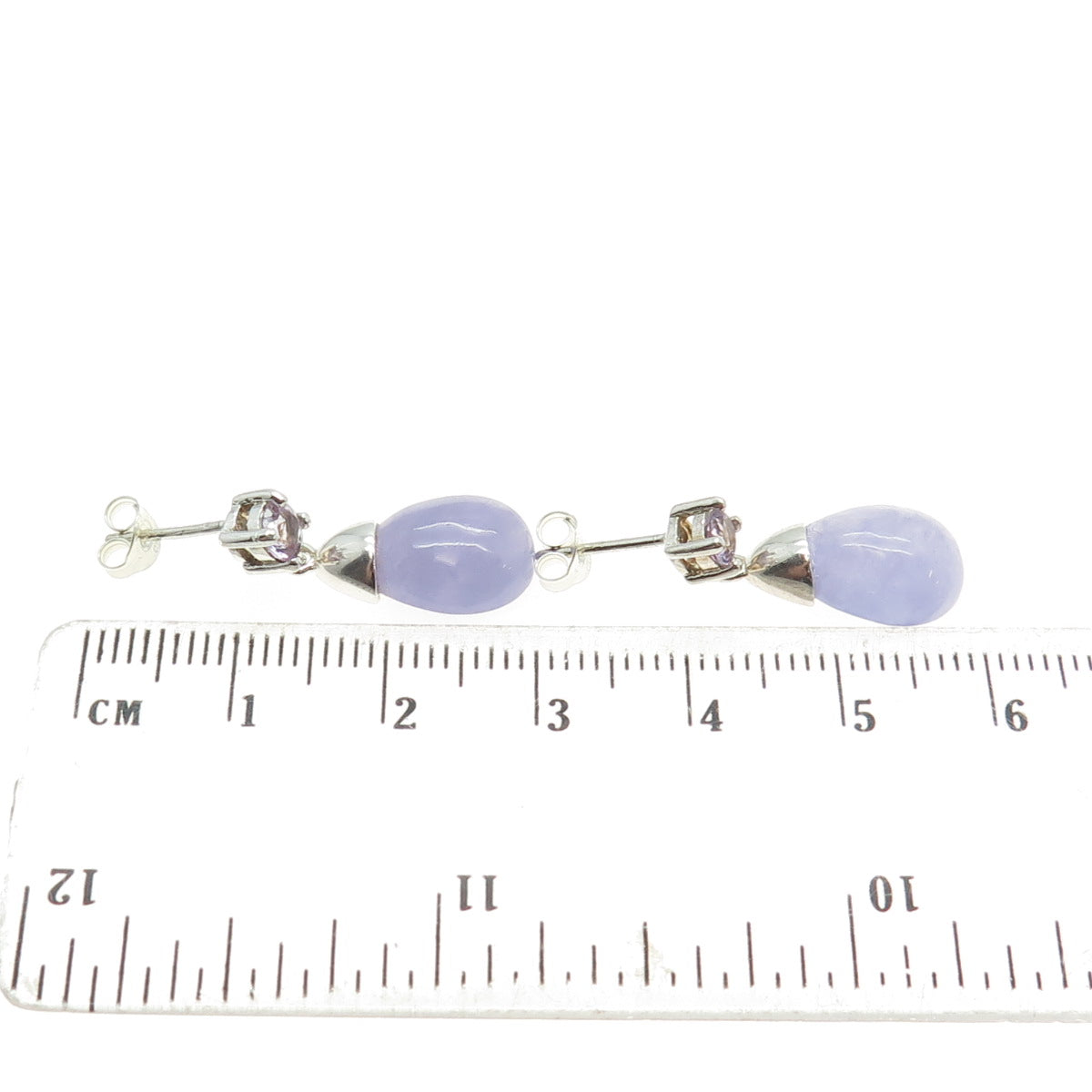 HAN 925 Sterling Silver Vintage Real Lavender Jade & Amethyst Gemstone Earrings