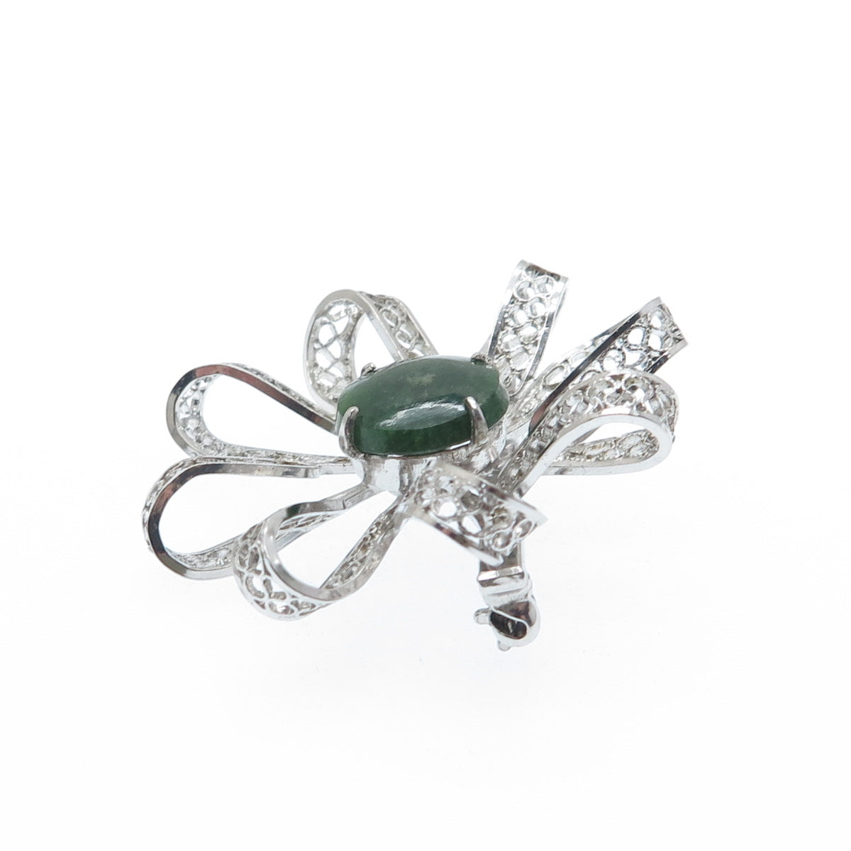 SORRENTO 925 Sterling Silver Vintage Real Jade Filigree Flower Pin Brooch