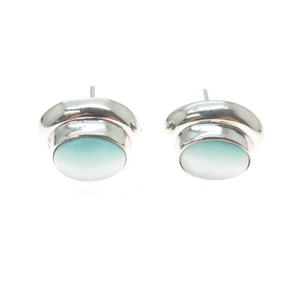 925 Sterling Silver Vintage Blue Optic Fiber Cat's Eye Modernist Earrings