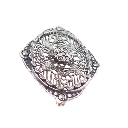 925 Sterling Silver Antique Art Deco Real Marcasite Filigree Oxidized Pin Brooch